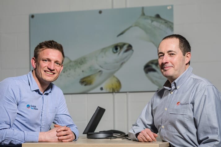 Scottish Sea Farms’ Head of Fish Health Ralph Bickerdike (left) with AquaGen Scotland Managing Director Andrew Reeve (right)