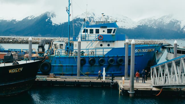 A fishing boat in a harbour.