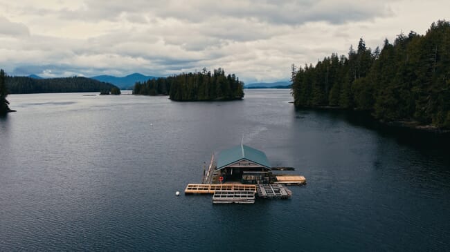 Aerial view of a floating house.