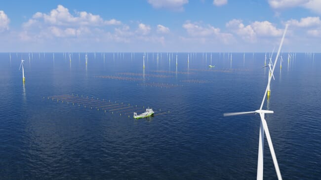 A concept drawing of seaweed farming integrated within a wind farm.