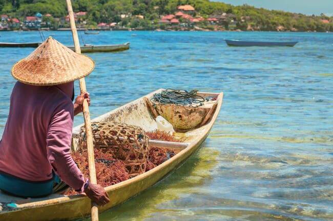 seaweed farmer in a canoe