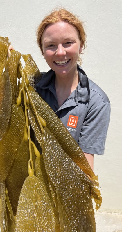 una mujer sostiene una enorme fronda de algas marinas