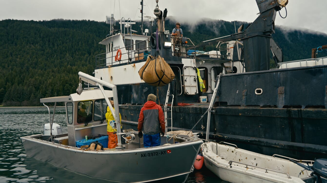 A large bag being winched off a small boat into a bigger one.