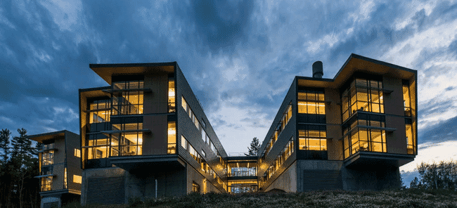 A building at night.