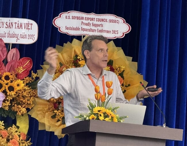 A professor in animal nutrition giving a lecture.