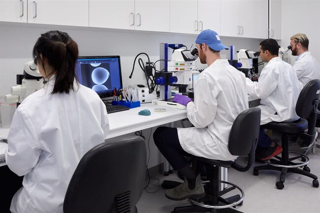 Three scientists using microscopes in a lab.