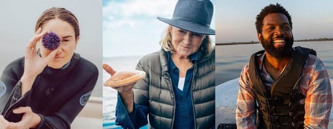 Três imagens lado a lado (da esquerda para a direita): Os entusiastas do meio ambiente Shailene Woodley, Martha Stewart e Baratunde Thurston.