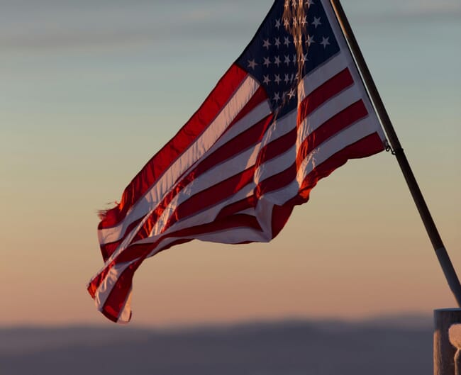 The United States of America flag in the air.