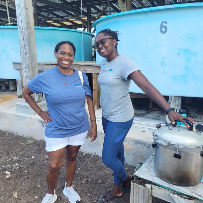 two women standing in front of large blue plastic fish tanks