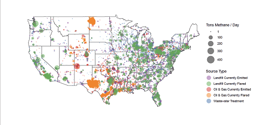 Unused methane emissions in the US from landfills, wastewater treatment plants and oil and gas facilities