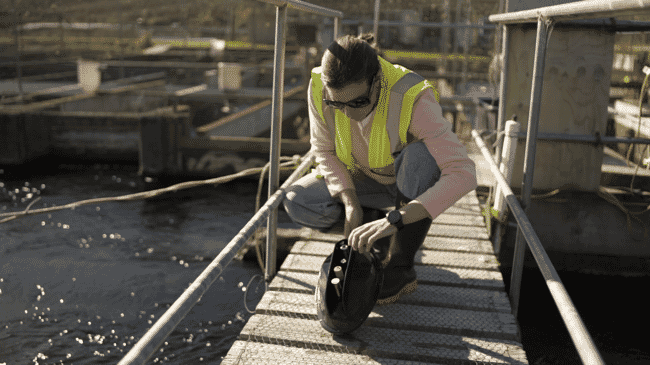 A person inspecting a device beside a fish farm