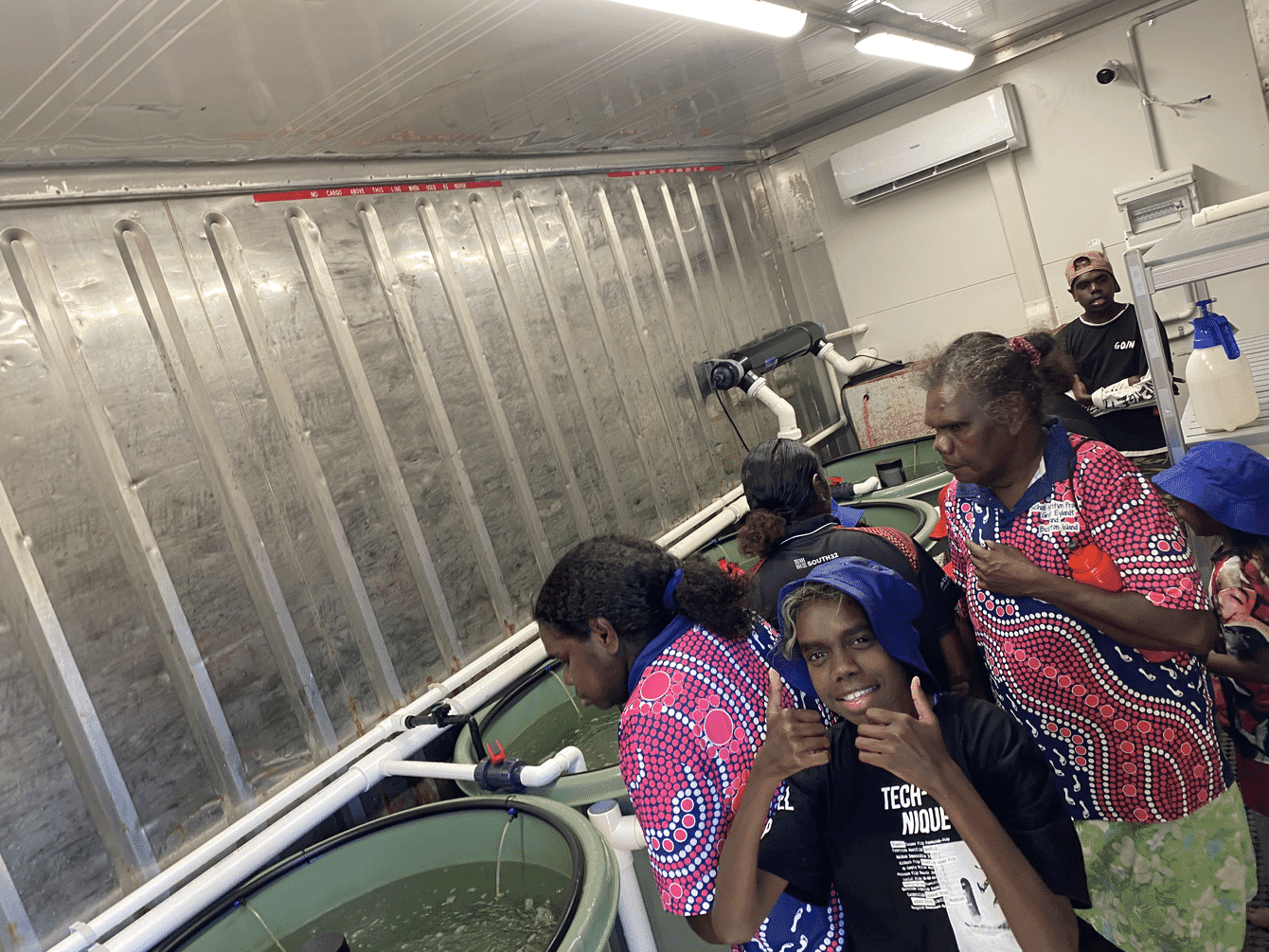 A group of people examining fish tanks.