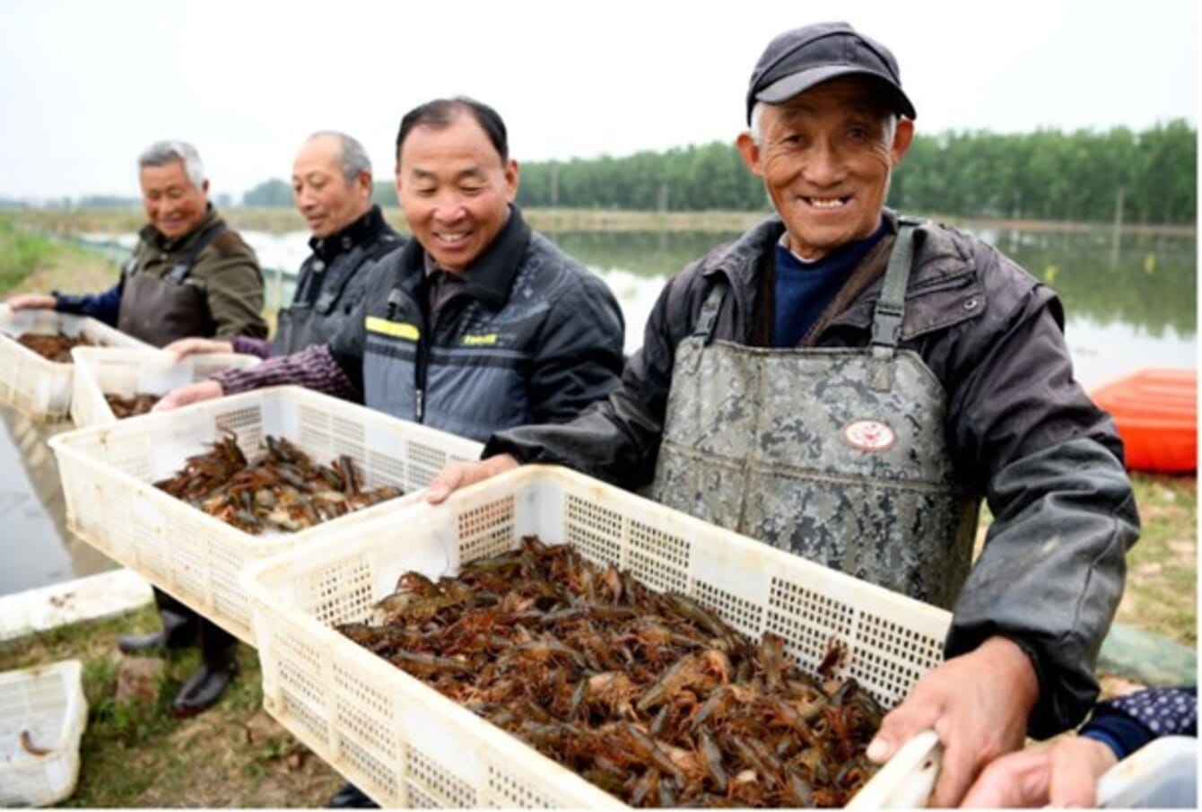 men holding boxes of crayfish