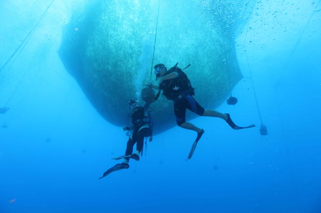 Scuba divers at Lamar fish farm in Greece.