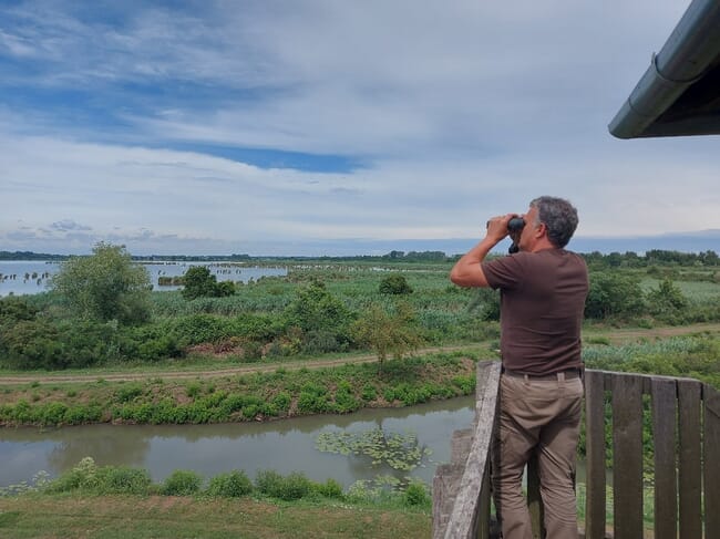 A fish farmer checking his ponds with binoculars from a bird-watching tower.