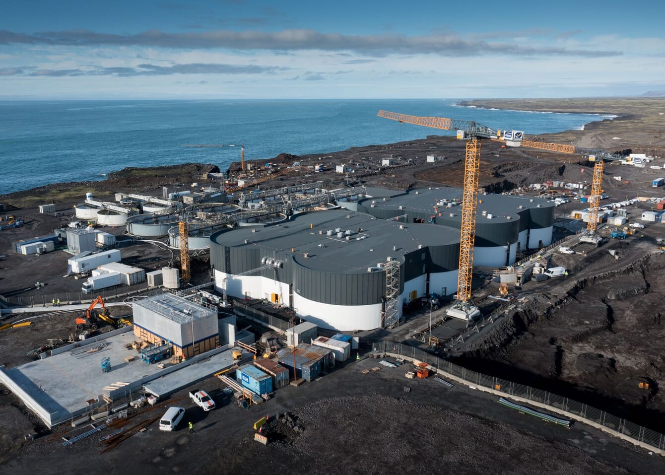 An aerial view of a land-based salmon aquaculture farm in Iceland, under construction.