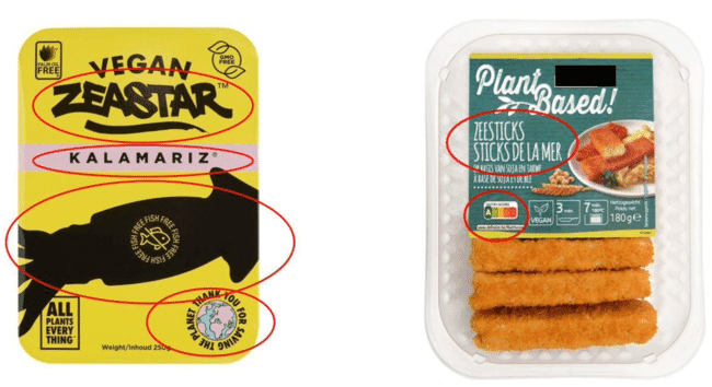 Embalagens de imitação de frutos do mar com rotulagem pouco clara