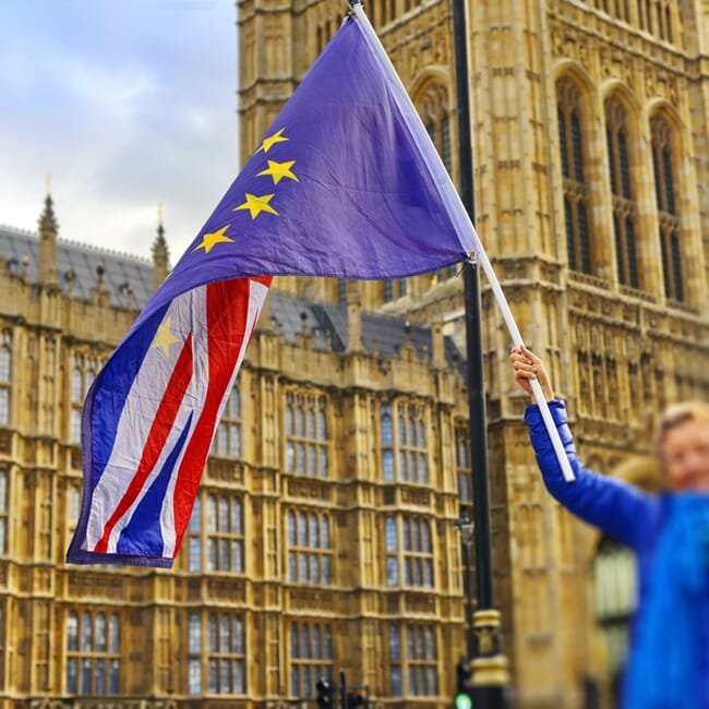 person holding an EU and UK flag in front of Westminster Hall