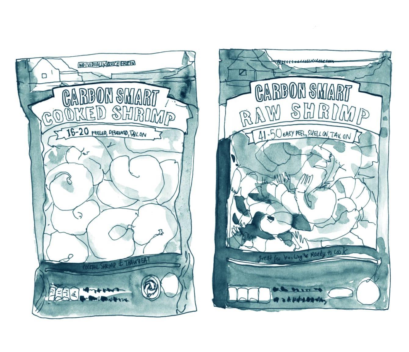 A watercolour illustration of shrimp packaging.