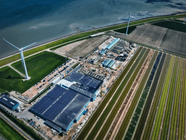 aerial view of an indoor fish farming facility