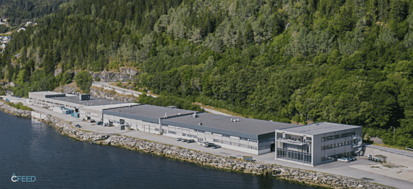 Aerial view of a large factory on the coast.