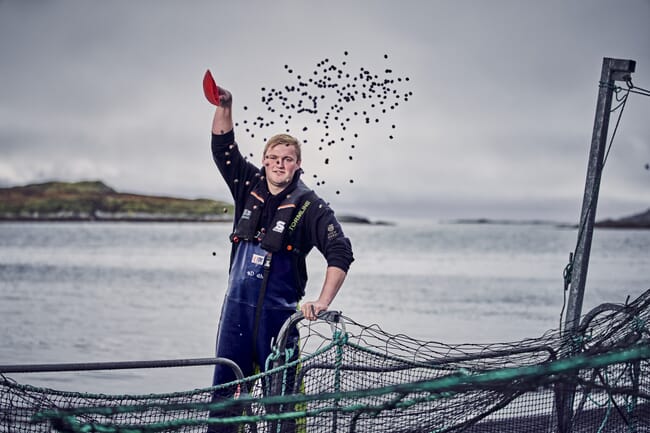 a man throwing feed pellets into a fish farm pen