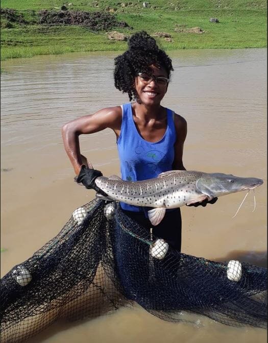 Person holding a catfish out of water