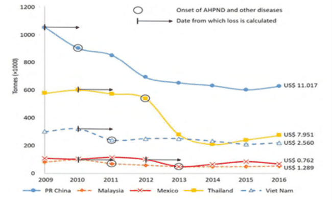 Graph illustrating the production losses from early mortality syndrome in multiple Asian countries