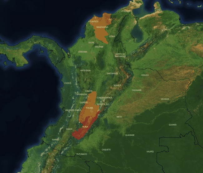 um mapa da Colômbia, mostrando as regiões