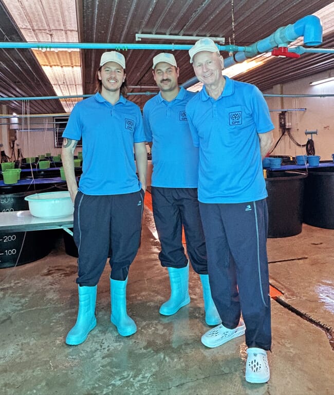 Três homens em pé em um incubatório de camarões