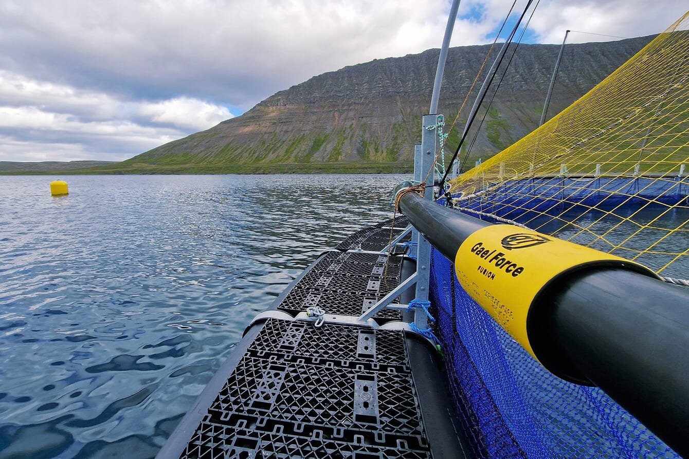 A closeup of a robust aquaculture cage for salmon in Iceland.