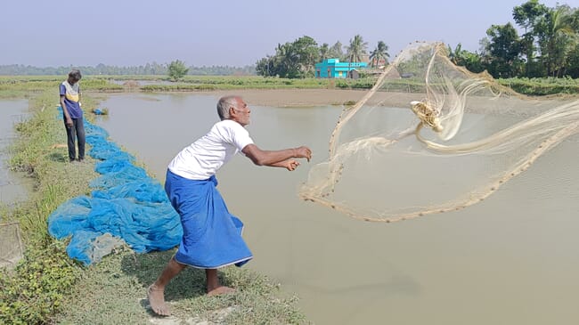 A man throwing a net into a pond.