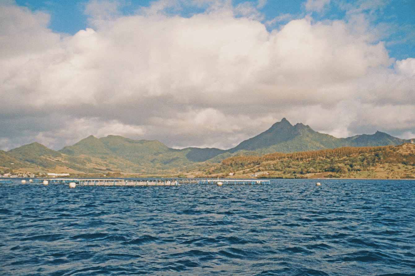 Marine fish farm cages infront of Mauritius' mountains.