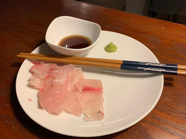 A plate with sushi red drum.