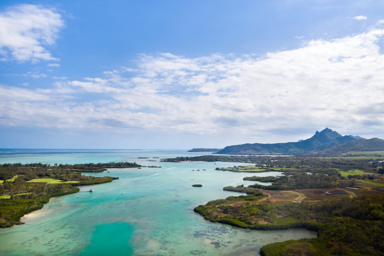 An aerial view of a lagoon in Mauritius which houses the country's only marine fish farm.