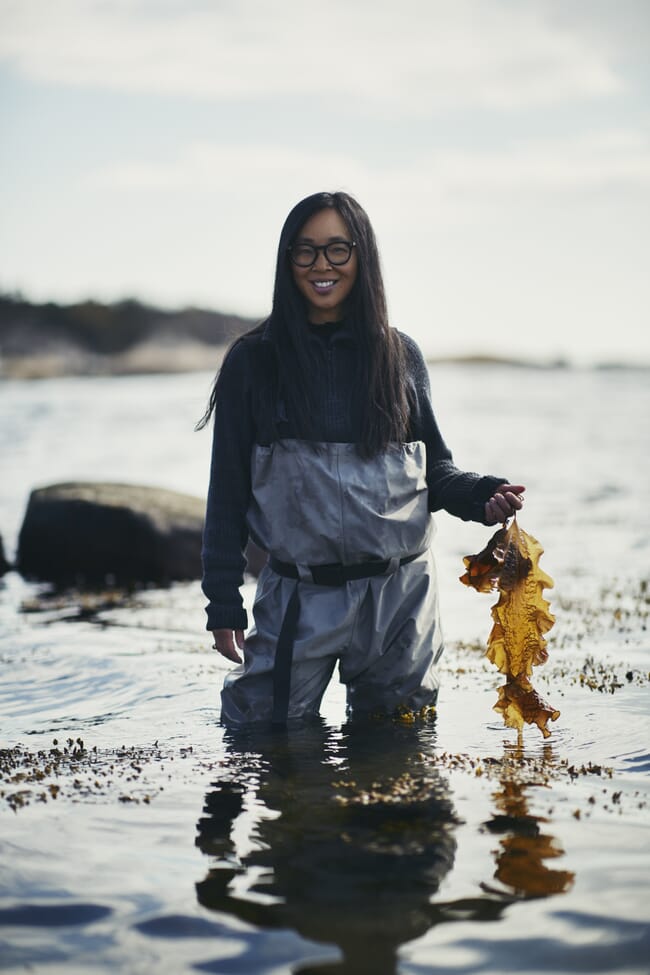 Linn Anne Bjelland Brunborg de pie en el agua sosteniendo algas marinas