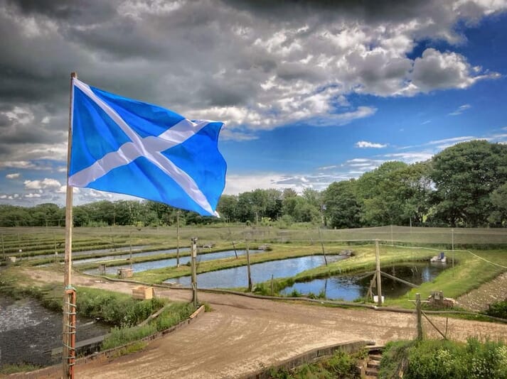 Fish ponds with a St Andrew's Saltire in the foreground