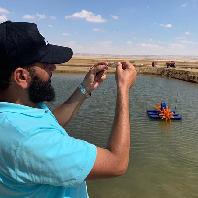 Man holding a shrimp next to a pond