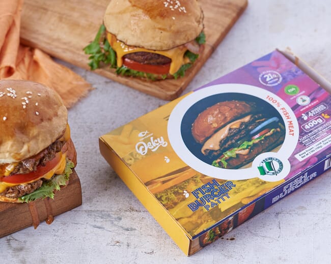 Osky catfish burger and packaging