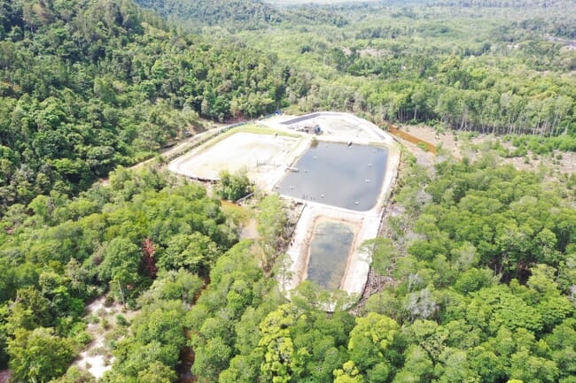 Vista aérea de una granja camaronera en Malasia