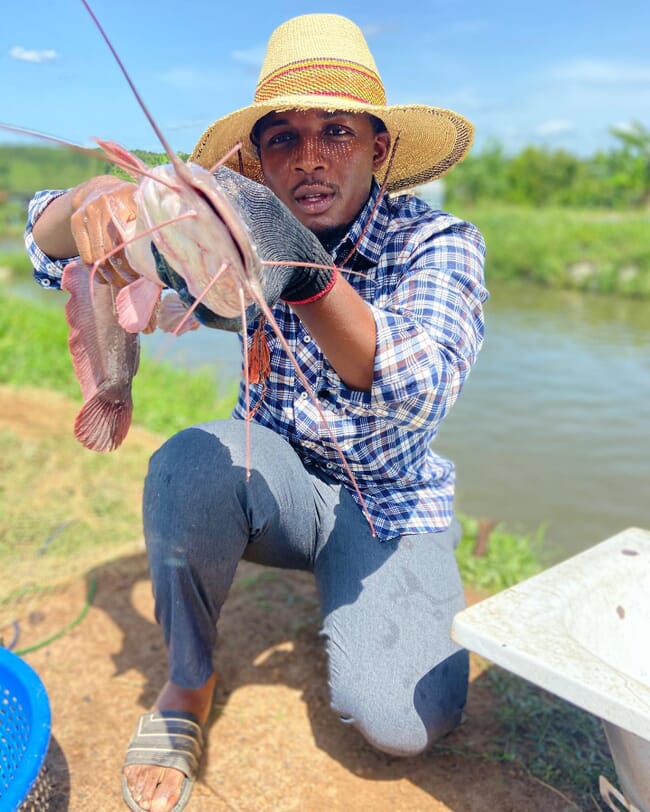 Uma pessoa segurando um peixe-gato.