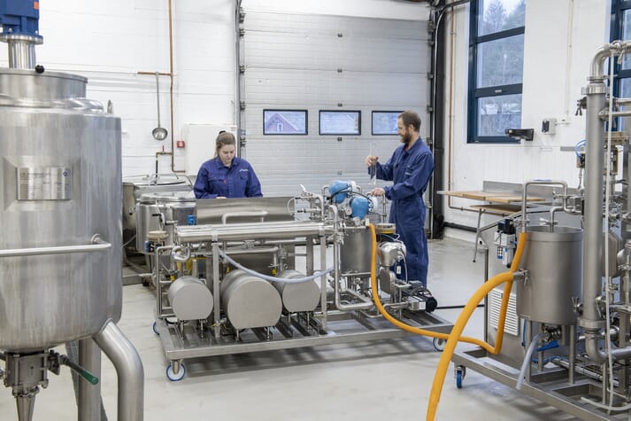 Aquafeed Technology Centre researchers Tone Aspevik and Lars Thoresen using the new membrane filtering unit to asses novel feed ingredients