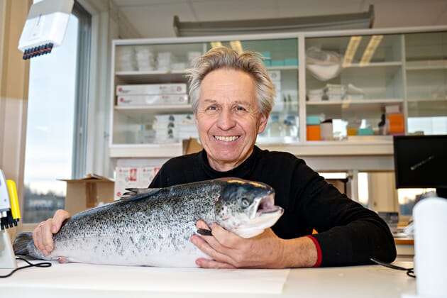 A man holding a dead salmon in a laboratory