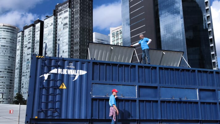 Shipping container in an urban setting