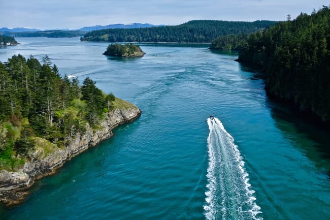 a boat travelling along a fjord-like section of ocean