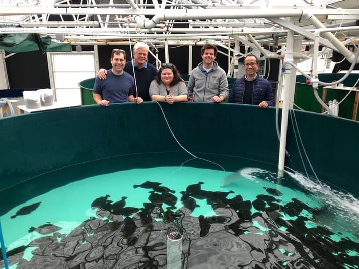 Jones (left) with the rest of TNC's aquaculture team at the University of Miami's experimental fish hatchery