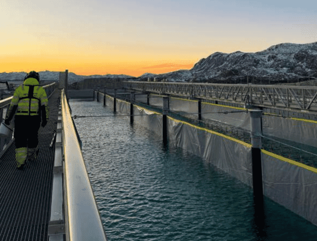 A man walking beside a land-based salmon farm.