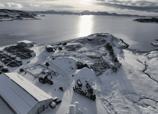 An aerial view of a construction site for Atlantic salmon RAS in Norway.