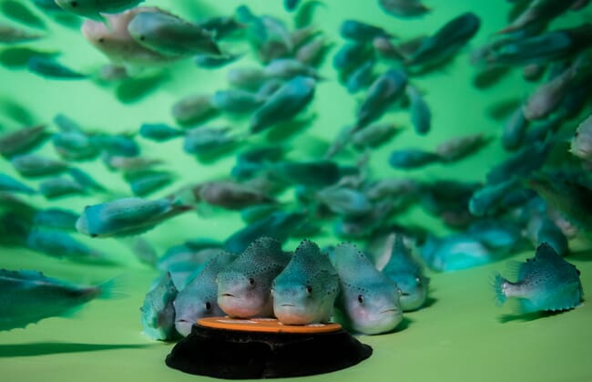 lumpfish gathering at the bottom of a tank