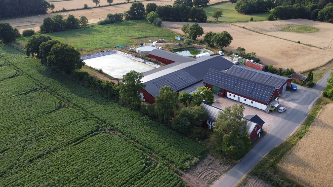 An aerial view of an indoor fish farm.